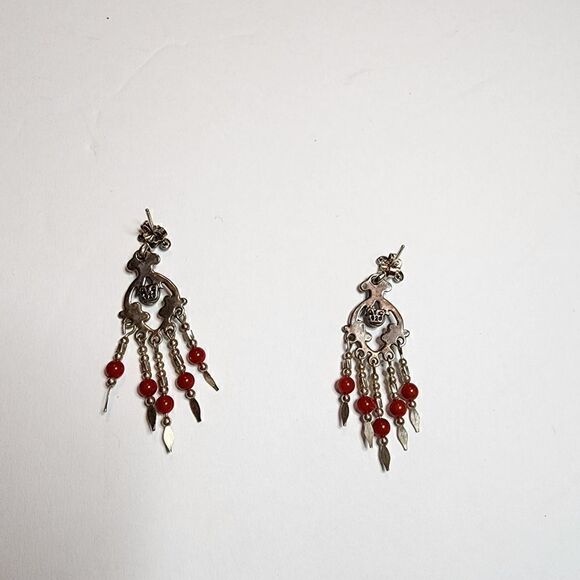 CAROLYN POLLACK Q.T. Sterling Silver Red Coral Ornate Dangle Earrings Pierced - Picture 5 of 7